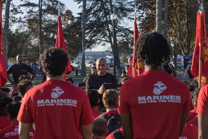 U.S. Marine Corps Sgt. Maj. Luis Ortega, sergeant major Recruiting Station San Diego, speaks to the prospective applicants prior to the 2024 Marine Corps Recruit Depot San Diego Boot Camp Challenge at MCRD San Diego, California, Oct. 19, 2024. For the past 23 years, MCRD San Diego has hosted the MCRD San Diego Boot Camp Challenge, a three-mile obstacle course race guided by 60 drill instructors that highlights the physical and mental demands of boot camp. The event fosters comradery and community engagement through interaction with MCRD personnel. (U.S. Marine Corps photo by Cpl. Alexandra M. Earl)