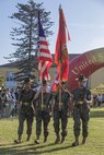 U.S. Marines with the Recruit Training Regiment Color Guard, Marine Corps Recruit Depot San Diego, present the colors during to the 2024 MCRD San Diego Boot Camp Challenge at MCRD San Diego, California, Oct. 19, 2024. For the past 23 years, MCRD San Diego has hosted the MCRD San Diego Boot Camp Challenge, a three-mile obstacle course race guided by 60 drill instructors that highlights the physical and mental demands of boot camp. The event fosters comradery and community engagement through interaction with MCRD personnel. (U.S. Marine Corps photo by Cpl. Alexandra M. Earl)