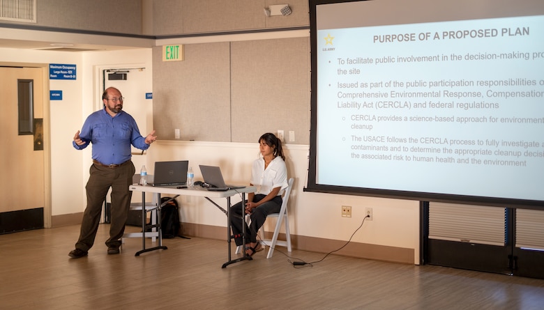 Daniel Huff, Los Angeles District Formerly Used Defense Sites Program project manager, speaks during the Sept. 10 public meeting at the Point Vicente Interpretive Center in Rancho Palos Verdes, California.