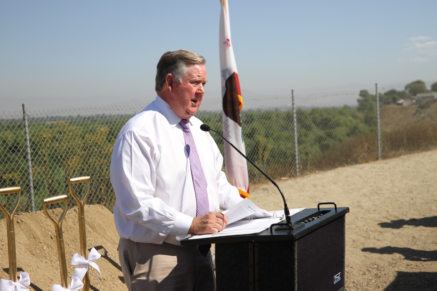U.S. Rep. Ken Calvert of California’s 41st Congressional District delivers remarks during the Upper Norco Bluffs Emergency Repair Project groundbreaking ceremony Oct. 3 in Norco, California.