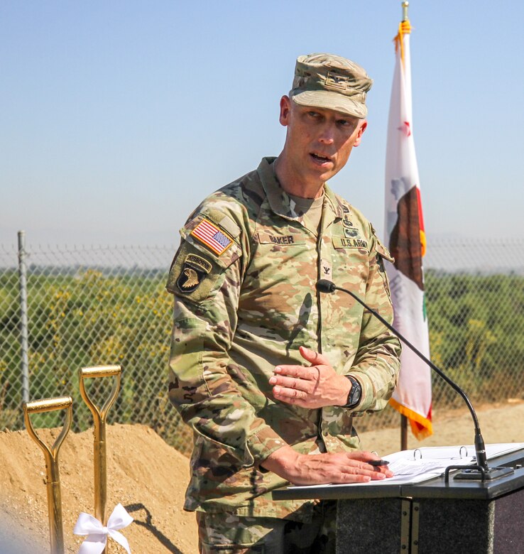Col. Andrew Baker, U.S. Army Corps of Engineers Los Angeles District commander, delivers remarks during the Upper Norco Bluffs Emergency Repair Project groundbreaking ceremony Oct. 3 in Norco, California.