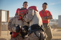 U.S. Marine Corps recruits with Alpha Company, 1st Recruit Training Battalion, participate in a body sparring event at Marine Corps Recruit Depot San Diego, California, Oct. 21, 2024. Recruits are taught Marine Corps Martial Arts Program techniques, which instill basic self-defense that they will execute throughout recruit training during events like body sparring and pugil sticks to help build a warrior ethos and esprit de corps. (U.S. Marine Corps photo by Lance Cpl. Janell B. Alvarez)
