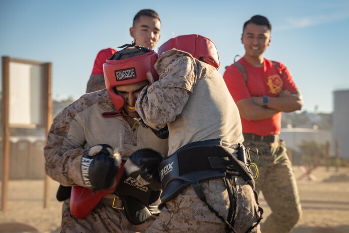 U.S. Marine Corps recruits with Alpha Company, 1st Recruit Training Battalion, participate in a body sparring event at Marine Corps Recruit Depot San Diego, California, Oct. 21, 2024. Recruits are taught Marine Corps Martial Arts Program techniques, which instill basic self-defense that they will execute throughout recruit training during events like body sparring and pugil sticks to help build a warrior ethos and esprit de corps. (U.S. Marine Corps photo by Lance Cpl. Janell B. Alvarez)