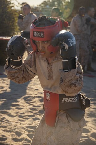 U.S. Marine Corps Recruit Joseph Rivera with Alpha Company, 1st Recruit Training Battalion, participates in a body sparring event at Marine Corps Recruit Depot San Diego, California, Oct. 21, 2024. Recruits are taught Marine Corps Martial Arts Program techniques,  which instill basic self-defense that they will execute throughout recruit training during events like body sparring and pugil sticks to help build a warrior ethos and esprit de corps. (U.S. Marine Corps photo by Lance Cpl. Janell B. Alvarez)