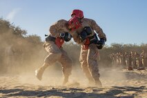 U.S. Marine Corps recruits with Alpha Company, 1st Recruit Training Battalion, participate in a body sparring event at Marine Corps Recruit Depot San Diego, California, Oct. 21, 2024. Recruits are taught Marine Corps Martial Arts Program techniques, which  instill basic self-defense that they will execute throughout recruit training during events like body sparring and pugil sticks to help build a warrior ethos and esprit de corps. (U.S. Marine Corps photo by Lance Cpl. Janell B. Alvarez)