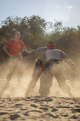 U.S. Marine Corps recruits with Alpha Company, 1st Recruit Training Battalion, participate in a body sparring event at Marine Corps Recruit Depot San Diego, California, Oct. 21, 2024. Recruits are taught Marine Corps Martial Arts Program techniques, which instill basic self-defense that they will execute throughout recruit training during events like body sparring and pugil sticks to help build a warrior ethos and esprit de corps. (U.S. Marine Corps photo by Lance Cpl. Janell B. Alvarez)