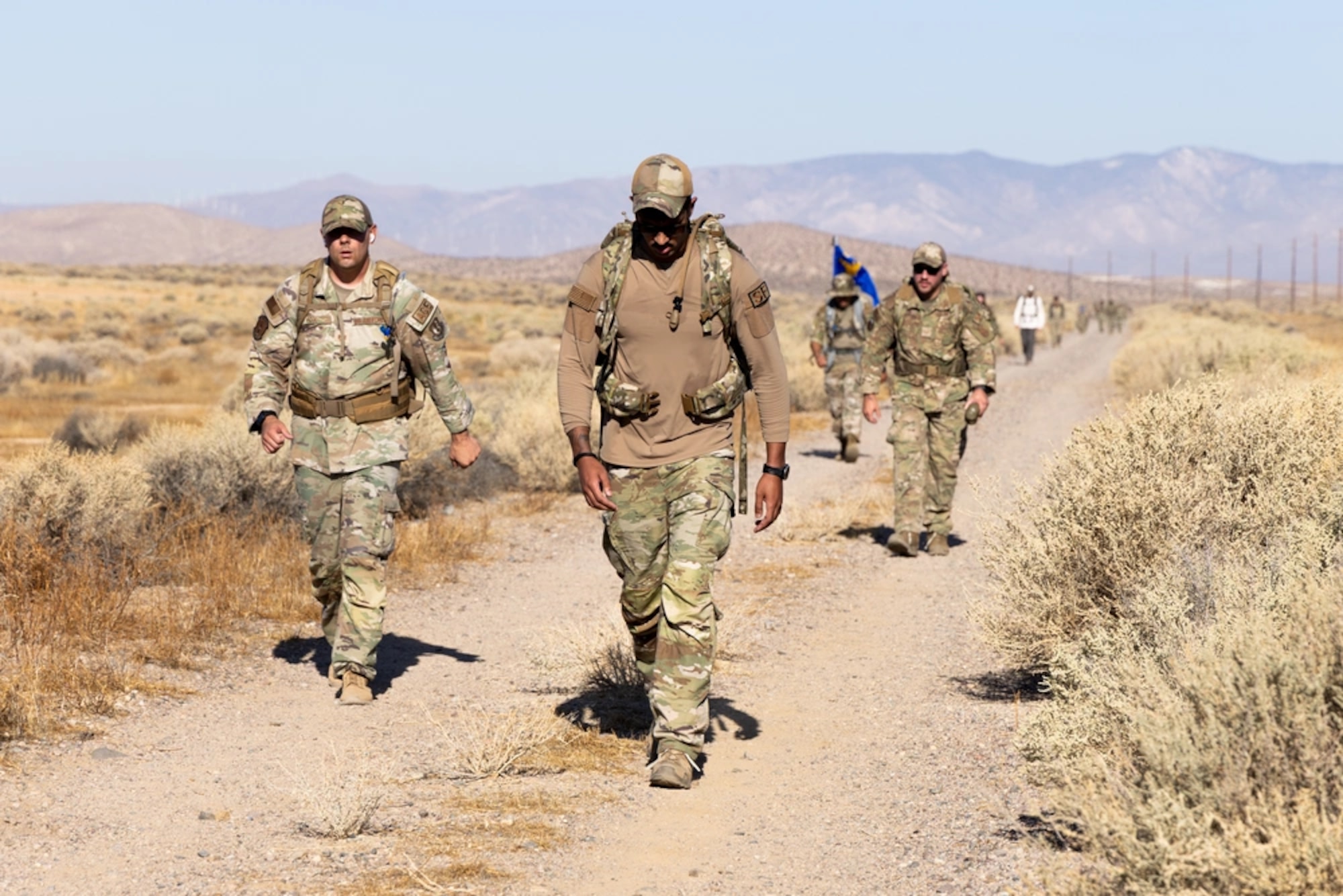 Airmen, Sailors, Soldiers, Marines and Guardians from throughout Southern California participated in the Norwegian Foot March at Edwards Air Force Base, California, Oct. 15. (Air Force photo by Madeline Guadarrama)