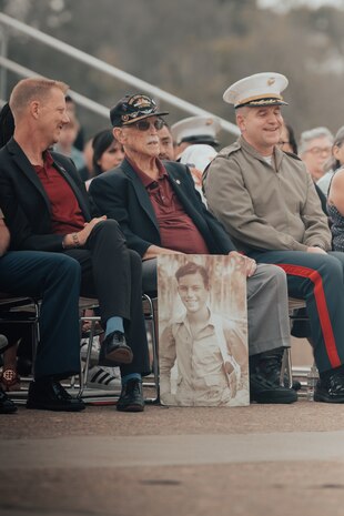 Retired U.S. Marine Corps Maj. Billy Hall, a veteran of World War II, the Korean War, and Vietnam War, observes a colors ceremony at Marine Corps Recruit Depot San Diego, California, Oct. 11, 2024.The morning colors ceremony is conducted to formally raise our nation’s flag and provide a brief moment to reflect on its meaning. Hall visited MCRD San Diego to attend a graduation ceremony for Bravo Company, 1st Recruit Training Battalion. (U.S. Marine Corps photo by Cpl. Alexander O. Devereux)