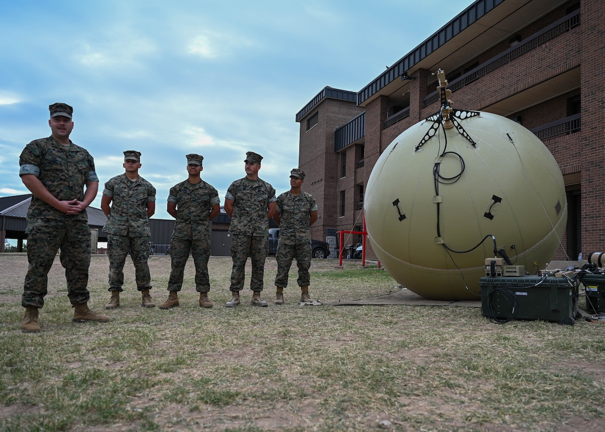 Marines assigned to the 315th Training Squadron demonstrate use of the Odin Sphere at the Marine Detachment, Goodfellow Air Force Base, Texas, Oct. 18, 2024. The marines at Goodfellow learn how to set up and operate the Odin Sphere as part of their service-specific intelligence training. (U.S. Air Force photo by Senior Airman Zach Heimbuch)