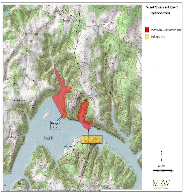 This is a map of the proposed Sunset Marina Lease Expansion Project at Dale Hollow Lake in Monroe, Tennessee. (USACE Graphic)