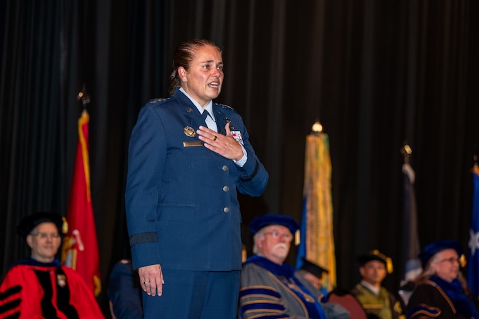 Lt. Gen. Linda S. Hurry, Deputy Commander, Air Force Materiel Command, speaks at AFIT’s commencement ceremony held Sept. 12, 2024, at the Dayton Masonic Center. (U.S. Air Force photos by Daniel Peterson)