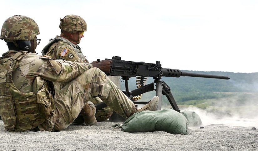 U.S. Soldiers with the 213th Regional Support Group, Pennsylvania National Guard fire M2 machine guns during an exercise at Fort Indiantown Gap, Pennsylvania, July 30, 2024. Soldiers train with M2 machine guns, also referred to as .50-cal, to ensure readiness to defend themselves and their fellow Soldiers in combat situations. (U.S. Army National Guard photo by Spc. Jessica Barb)