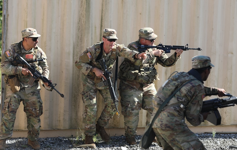 U.S. Soldiers with the 382nd Engineer Company (Sapper), 365th Engineer Battalion, train in Sapper operations during an exercise at Fort Indiantown Gap, Pennsylvania, Sept. 7, 2024. Soldiers practiced breaching and clearing techniques in a simulated environment to maintain readiness standards. (U.S. Army National Guard photo by Sgt. David Thomson)
