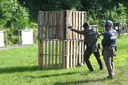U.S. Marshals conduct training on a firing range at Fort Indiantown Gap, Pa., June 12, 2024. About 30 U.S. Marshals from around the country conducted training on high-stress scenarios at Fort Indiantown Gap June 3 to 13. (Pennsylvania National Guard photo by Brad Rhen)