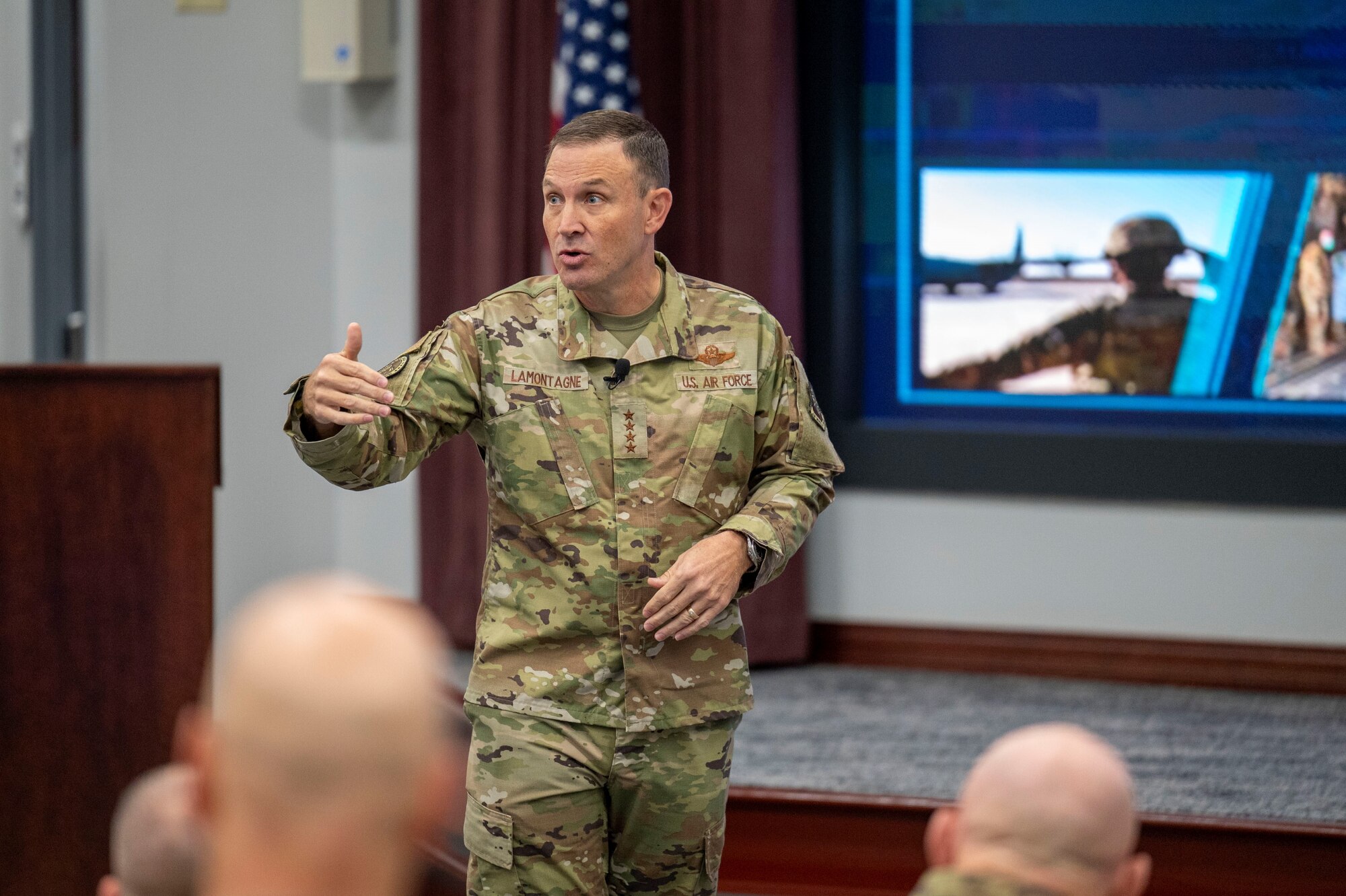 Gen. Johnny Lamontagne, Air Mobility Command commander, provides opening comments during an offsite on Scott Air Force Base, Illinois, Oct. 16, 2024. The offsite brought more than 100 senior leaders together to discuss AMC’s next steps to reoptimize for Great Power Competition. (U.S. Air Force photo by Tiffany Ormerod)