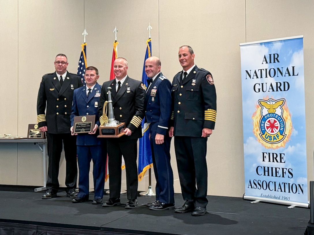 Members assigned to the 115th Fighter Wing Fire and Emergency Services pose for a photo after accepting several Air National Guard level awards for 2023 at the annual Air National Guard Fire Chief’s Association banquet in Port Charlotte, Florida July 31, 2024.