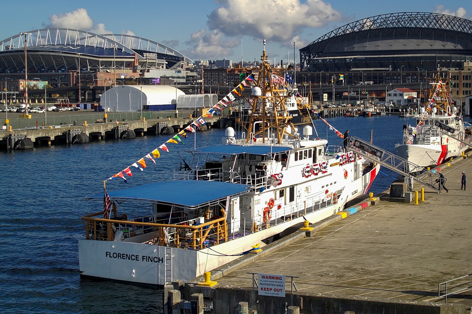 Coast Guard Cutter Florence Finch (WPC-1157) sits moored at U.S. Coast Guard Base Seattle during its commissioning ceremony in Seattle