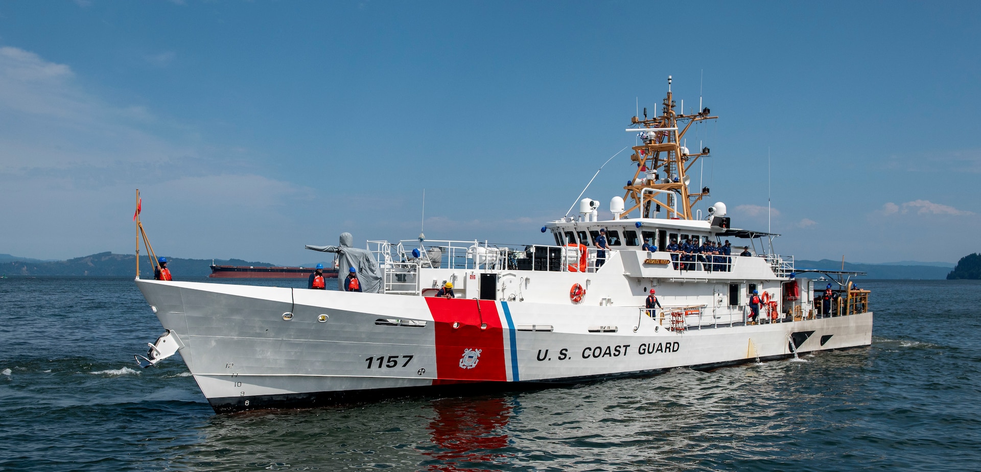 Coast Guard Cutter Florence Finch (WPC 1157) moves closer to the pier before mooring in its new homeport of Astoria