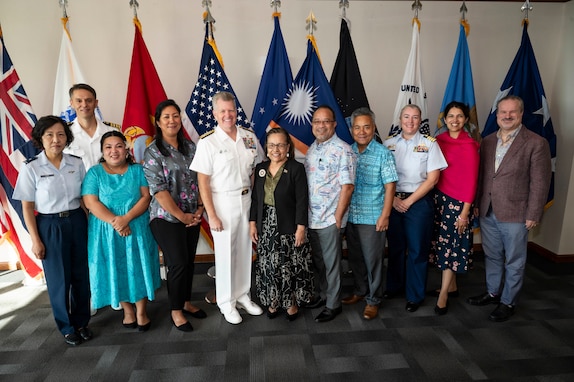 Republic of the Marshall Islands President Hilda Heine (center) takes a group photo with Adm. Samuel J. Paparo, commander of U.S. Indo-Pacific Command, at USINDOPACOM headquarters on Camp H.M. Smith, Hawaii, Oct. 24, 2024. Heine met with senior military leaders, reflecting the strong and historic cooperation between RMI and the U.S. and their shared commitment to a Pacific that is secure, free and open, and more prosperous. USINDOPACOM is committed to enhancing stability in the Indo-Pacific region by promoting security cooperation, encouraging peaceful development, responding to contingencies, deterring aggression and, when necessary, fighting to win. (U.S. Navy photo by Mass Communication Specialist 1st Class John Bellino)