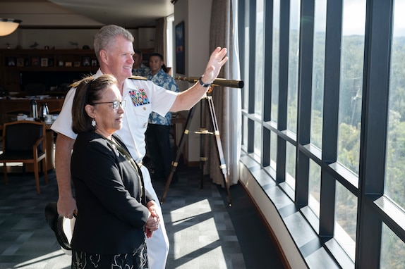 Adm. Samuel J. Paparo, commander of U.S. Indo-Pacific Command, gives a tour o USINDOPACOM to Republic of the Marshall Islands President Hilda Heine at Camp H.M. Smith, Hawaii, Oct. 24, 2024. Heine met with senior military leaders, reflecting the strong and historic cooperation between RMI and the U.S. and their shared commitment to a Pacific that is secure, free and open, and more prosperous. USINDOPACOM is committed to enhancing stability in the Indo-Pacific region by promoting security cooperation, encouraging peaceful development, responding to contingencies, deterring aggression and, when necessary, fighting to win. (U.S. Navy photo by Mass Communication Specialist 1st Class John Bellino)