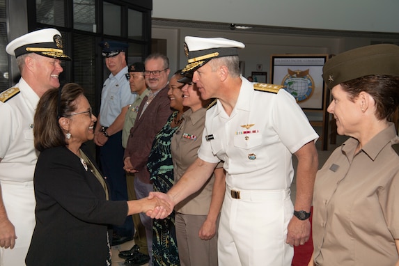 Adm. Samuel J. Paparo, commander of U.S. Indo-Pacific Command, introduces representatives from INDOPACOM’s joint directorates to Republic of the Marshall Islands President Hilda Heine at Camp H.M. Smith, Hawaii, Oct. 24, 2024. Heine met with senior military leaders, reflecting the strong and historic cooperation between RMI and the U.S. and their shared commitment to a Pacific that is secure, free and open, and more prosperous. USINDOPACOM is committed to enhancing stability in the Indo-Pacific region by promoting security cooperation, encouraging peaceful development, responding to contingencies, deterring aggression and, when necessary, fighting to win. (U.S. Army photo by Sgt. Austin Riel)