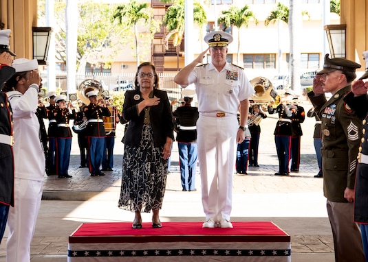 Republic of the Marshall Islands President Hilda Heine is welcomed with an honors ceremony from Adm. Samuel J. Paparo, commander of U.S. Indo-Pacific Command, at USINDOPACOM headquarters at Camp H.M. Smith, Hawaii, Oct. 24, 2024. Heine met with senior military leaders, reflecting the strong and historic cooperation between RMI and the U.S. and their shared commitment to a Pacific that is secure, free and open, and more prosperous. USINDOPACOM is committed to enhancing stability in the Indo-Pacific region by promoting security cooperation, encouraging peaceful development, responding to contingencies, deterring aggression and, when necessary, fighting to win. (U.S. Army photo by Sgt. Austin Riel)