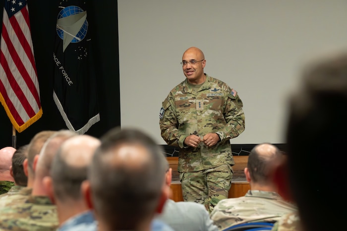 U.S. Space Force Lt. Gen. David N. Miller, Jr., commander of Space Operations Command, shares his intent with participants at the Space Force Sourcing Conference at Peterson Space Force Base, Colorado, Oct. 22, 2024.