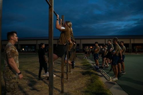U.S. Air Force Reserve Officer Training Corps cadets from eleven universities participated in the Special Warfare Air Force Reserve Officer Training Corps Weekend at the Mathis Gym, Goodfellow Air Force Base, Texas, Oct. 19, 2024. Cadets competed in events that tested their readiness knowledge, problem-solving skills, physical fitness, communication, memorization, land navigation, medical evacuation and mental capabilities under stressed conditions. (U.S. Air Force photo by Airman 1st Class Evelyn J. D’Errico)