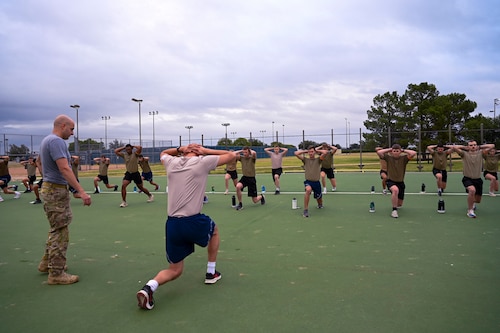 U.S. Air Force Reserve Officer Training Corps cadets from eleven universities participated in the Special Warfare Air Force Reserve Officer Training Corps Weekend at the Mathis Gym, Goodfellow Air Force Base, Texas, Oct. 19, 2024. Cadets competed in events that tested their readiness knowledge, problem-solving skills, physical fitness, communication, memorization, land navigation, medical evacuation and mental capabilities under stressed conditions. (U.S. Air Force photo by Airman 1st Class Evelyn J. D’Errico)