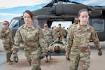 944th Fighter Wing Reserve Citizen Airmen carry a simulated patient onto a UH-60 Black Hawk helicopter during medevac training at Goodyear Phoenix Airport, Goodyear, Ariz., Oct. 19, 2024. The exercise, conducted with Arizona Army National Guard personnel, prepares both units for the large-scale Exercise Desert Hammer 25-1 in November. (U.S. Air Force photo by Senior Airman Alexis Orozco)
