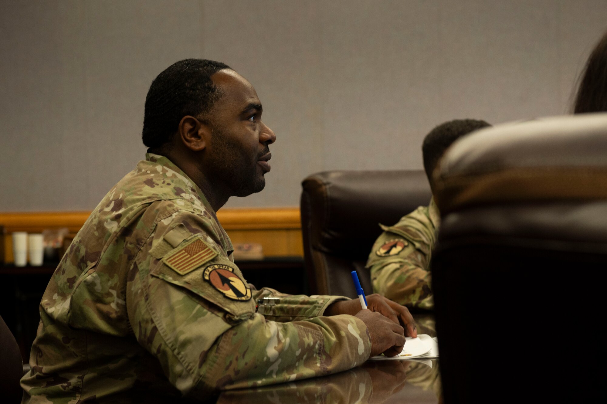 U.S. Air Force Maj. Franklin Eason, 731st Air Mobility Squadron operations officer, gives a brief during a Republic of Korea Air Force Maintenance Immersion Tour at Osan Air Base, Republic of Korea, Oct. 21, 2024. As a tenant unit at Osan AB, the 731st AMS supports a monthly average of 50 aircraft missions moving approximately 120 tons of cargo. (U.S. Air Force photo by Senior Airman Kaitlin Frazier)