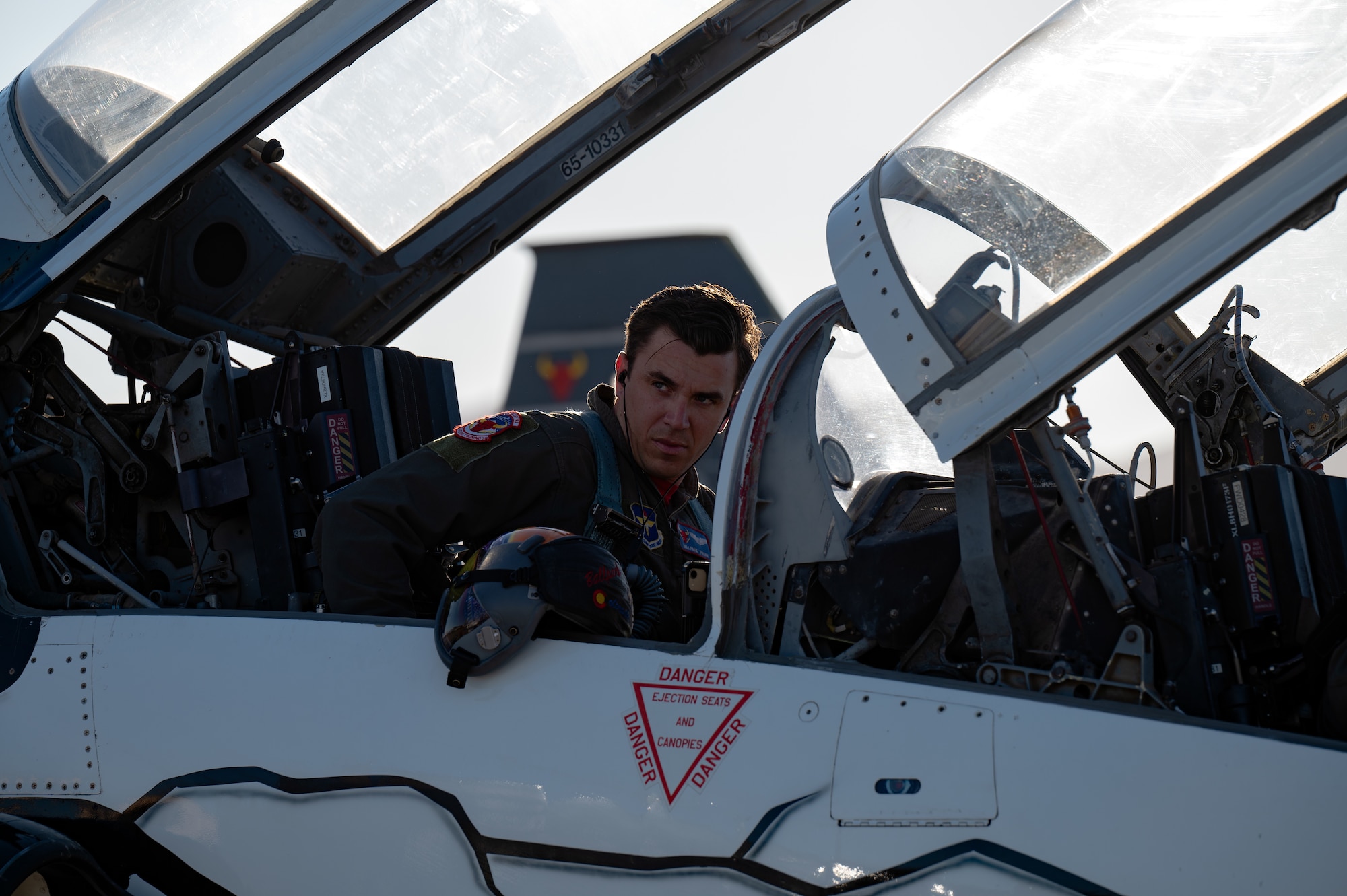 U.S. Air Force Capt. George Frank, a T-38 Talon pilot assigned to the 87th Flying Training Squadron (FTS), Laughlin Air Force Base (AFB), Texas, prepares to launch at Nellis AFB, Nevada, Sept. 27, 2024. The 87th FTS sent 10 T-38 Talons to Nellis AFB to provide Weapons Instructor Course support for the 6th and 433rd Weapons Squadrons. (U.S. Air Force photo by Airman 1st Class Brianna Vetro)