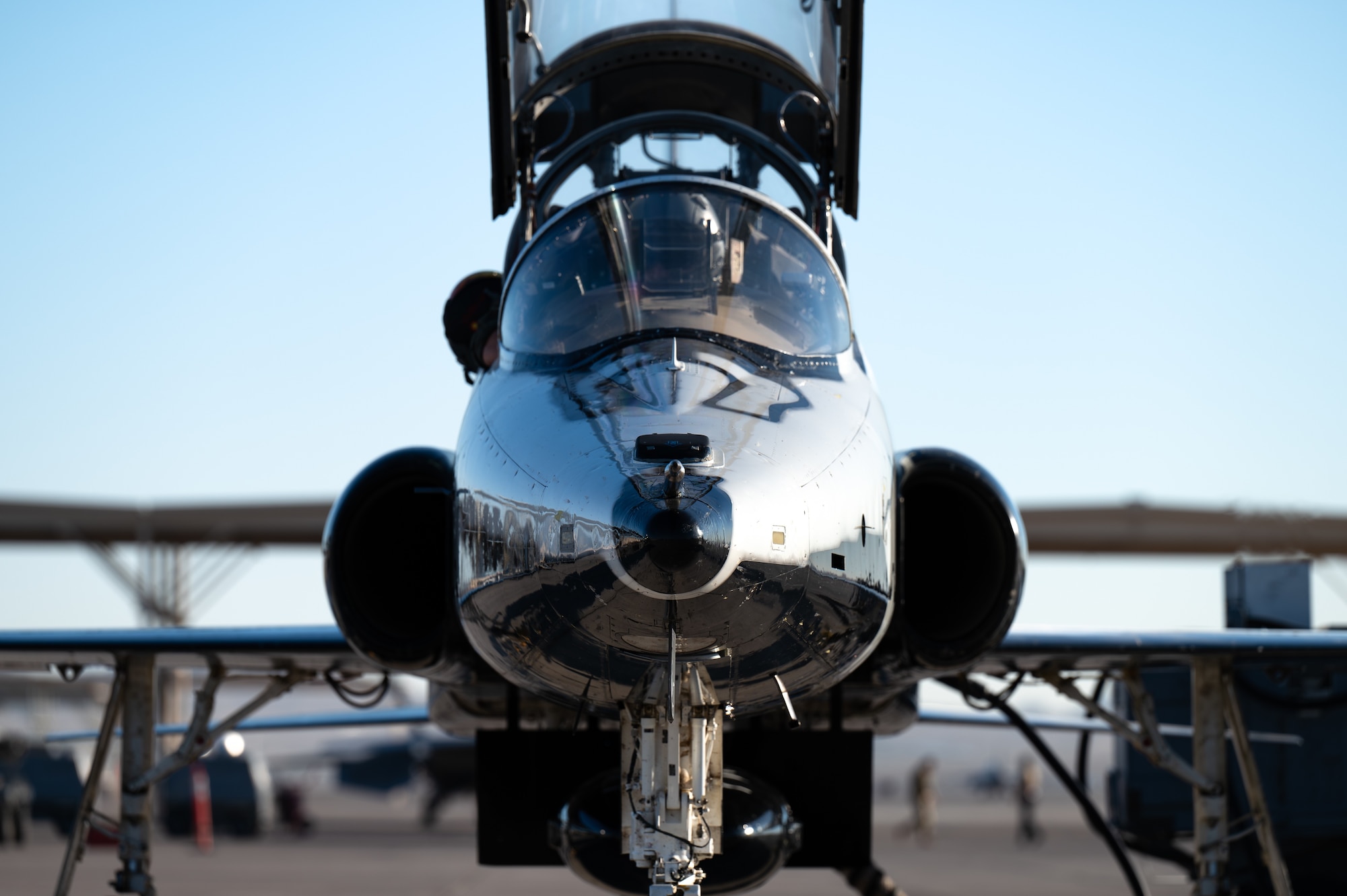 A U.S. Air Force T-38 Talon assigned to the 87th Flying Training Squadron (FTS), Laughlin Air Force Base (AFB), Texas, prepares to launch at Nellis AFB, Nevada, Sept. 27, 2024. The 87th FTS sent 10 T-38 Talons to Nellis AFB to provide Weapons Instructor Course support for the 6th and 433rd Weapons Squadrons. (U.S. Air Force photo by Airman 1st Class Brianna Vetro)
