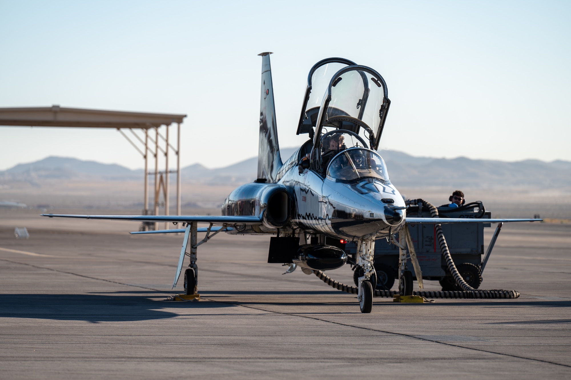 A U.S. Air Force T-38 Talon assigned to the 87th Flying Training Squadron (FTS), Laughlin Air Force Base (AFB), Texas, prepares to launch at Nellis AFB, Nevada, Sept. 27, 2024. The 87th FTS sent 10 T-38 Talons to Nellis AFB to provide Weapons Instructor Course support for the 6th and 433rd Weapons Squadrons. (U.S. Air Force photo by Airman 1st Class Brianna Vetro)