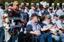 Veterans with the Honor Flight Chicago gather together preceding a Joint Service Color Guard posting of the colors at the World War II Memorial in Washington, D.C., Oct. 23, 2024. Honor Flight Chicago’s mission is to honor, thank and inspire by building awareness and appreciation of the debt of gratitude America owes its veterans for their service and sacrifice for our nation. (U.S. Air Force photo by Hayden Hallman)