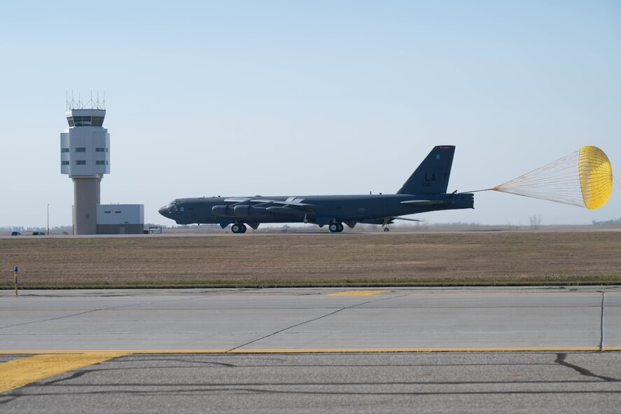 A B-52H Stratofortress assigned to the 96th Bomb Squadron from Barksdale Air Force Base, Louisiana, lands to participate in Exercise Global Thunder 25 (GT25) at Minot Air Force Base, North Dakota, Oct. 16, 2024. GT25 provides training opportunities for components, units and task forces to deter, and if necessary defeat, a military attack against the United States and to employ forces as directed by the President. (U.S. Air Force photo by Airman 1st Class Wesley Davies)