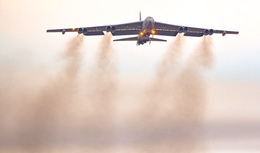 A B-52H Stratofortress assigned to the 69th Bomb Squadron takes flight during Global Thunder 25 at Minot Air Force Base, North Dakota, Oct. 24, 2024. U.S. Strategic Command forces are on watch 24 hours a day, seven days a week, conducting operations to deter and detect strategic attacks against the United States and our allies. (U.S. Air Force photo by Airman 1st Class Trust Tate)