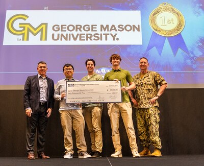 KING GEORGE, Va. – The first-place team from George Mason University celebrates after winning the Cyber Resiliency and Measurement Innovation Challenge, hosted by the Naval Surface Warfare Center Dahlgren Division. The team earned the $60,000 top prize for their innovative approach to enhancing naval cyber defense capabilities. (NSWCDD photo by Dave Ellis)