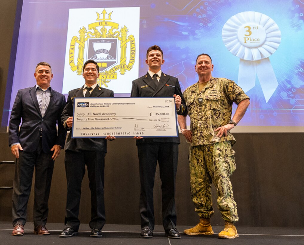 KING GEORGE, Va. – The third-place team from the United States Naval Academy is honored at the Cyber Resiliency and Measurement Innovation Challenge, hosted by the Naval Surface Warfare Center Dahlgren Division. The team earned $25,000 for their efforts in developing innovative solutions to enhance naval cybersecurity. (NSWCDD photo by Dave Ellis)
