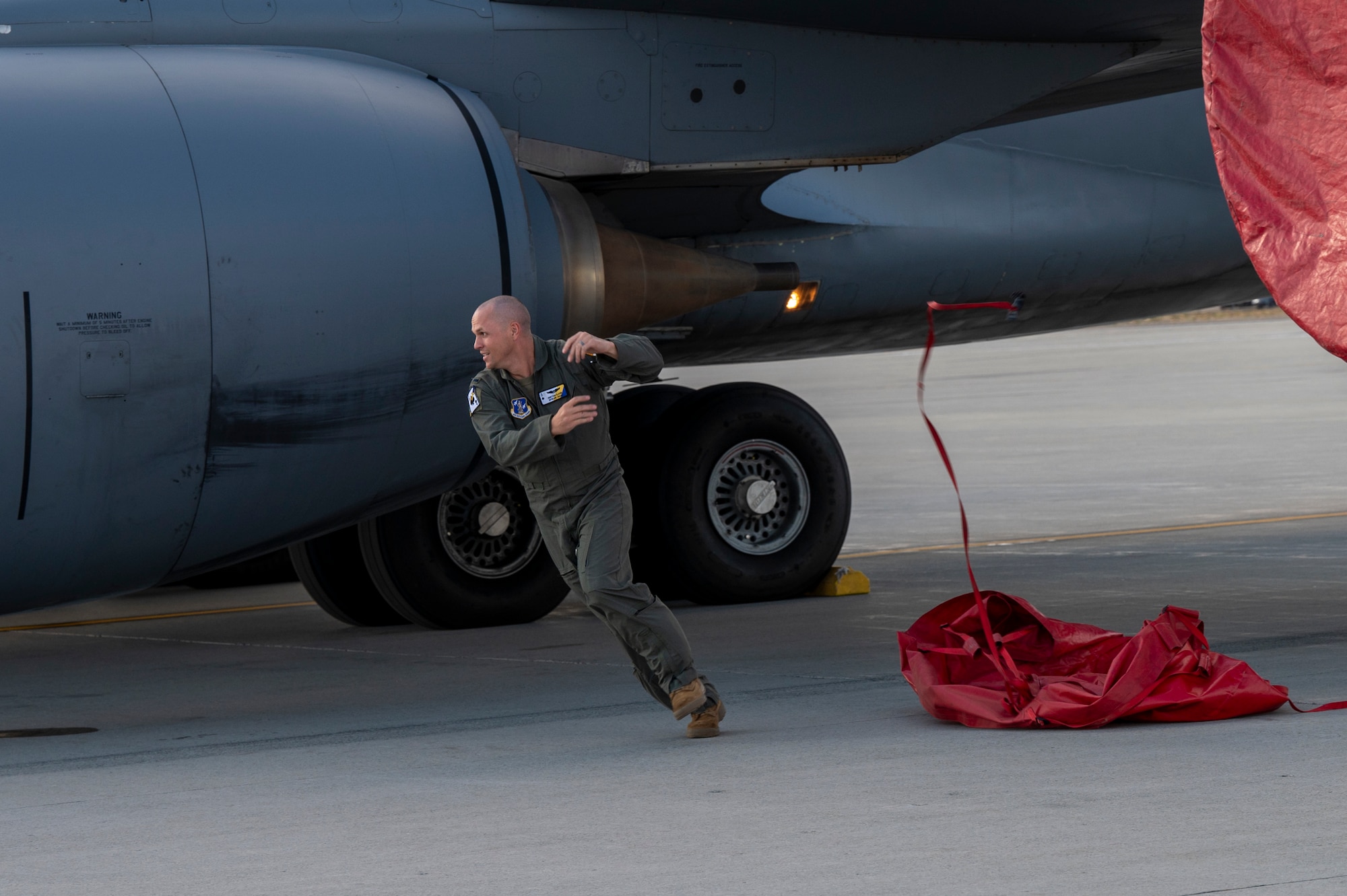 U.S. Air National Guardsmen 1st Lt. Greysen Bjork, a pilot assigned to the 116th Air Refueling Squadron, performs a simulated response during exercise Mobility Response 25 in support of U.S. Strategic Command exercise Global Thunder 25 at Fairchild Air Force Base, Washington, Oct. 22, 2024. During this exercise, aircrews were graded on their ability to rapidly respond. Executing training exercises like MR25 preparse wings to support the warfighter at the furthest node to ensure light, lean, and distributed operations. (U.S. Air Force photo by Airman 1st Class Samantha Thorn)