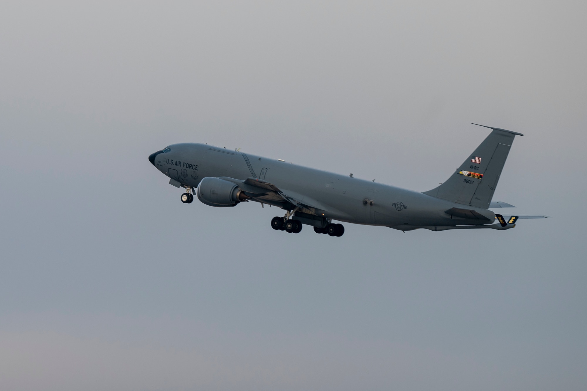 A KC-135 Stratotanker assigned to the 940th Air Refueling Wing takes off during exercise Mobility Response 25 in support of U.S. Strategic Command exercise Global Thunder 25 at Fairchild Air Force Base, Washington, Oct. 24, 2024. KC-135s conducted minimum-interval takeoffs, a critical procedure used in aviation to ensure that aircraft can safely take off and climb to their assigned altitude without interfering with other aircraft's flight paths. The KC-135 Stratotanker played a crucial role in this exercise and GT25, providing essential air-to-air refueling capabilities vital to sustaining long-range operations. (U.S. Air Force photo by Airman 1st Class Samantha Thorn)