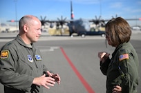 U.S. Air Force Maj. Gen. Duke Pirak, left, acting director, Air National Guard, speaks with Col. Catherine Grush, commander, 152nd Airlift Wing, during a visit to the Nevada Air National Guard Base in Reno, Nevada, Oct. 23, 2024. During the visit, Pirak led a townhall and Nevada Air National Guard leadership briefed him on the unit’s capabilities and pursuit of C-130 J aircraft. (U.S. Air National Guard photo by Capt. Emerson Marcus)