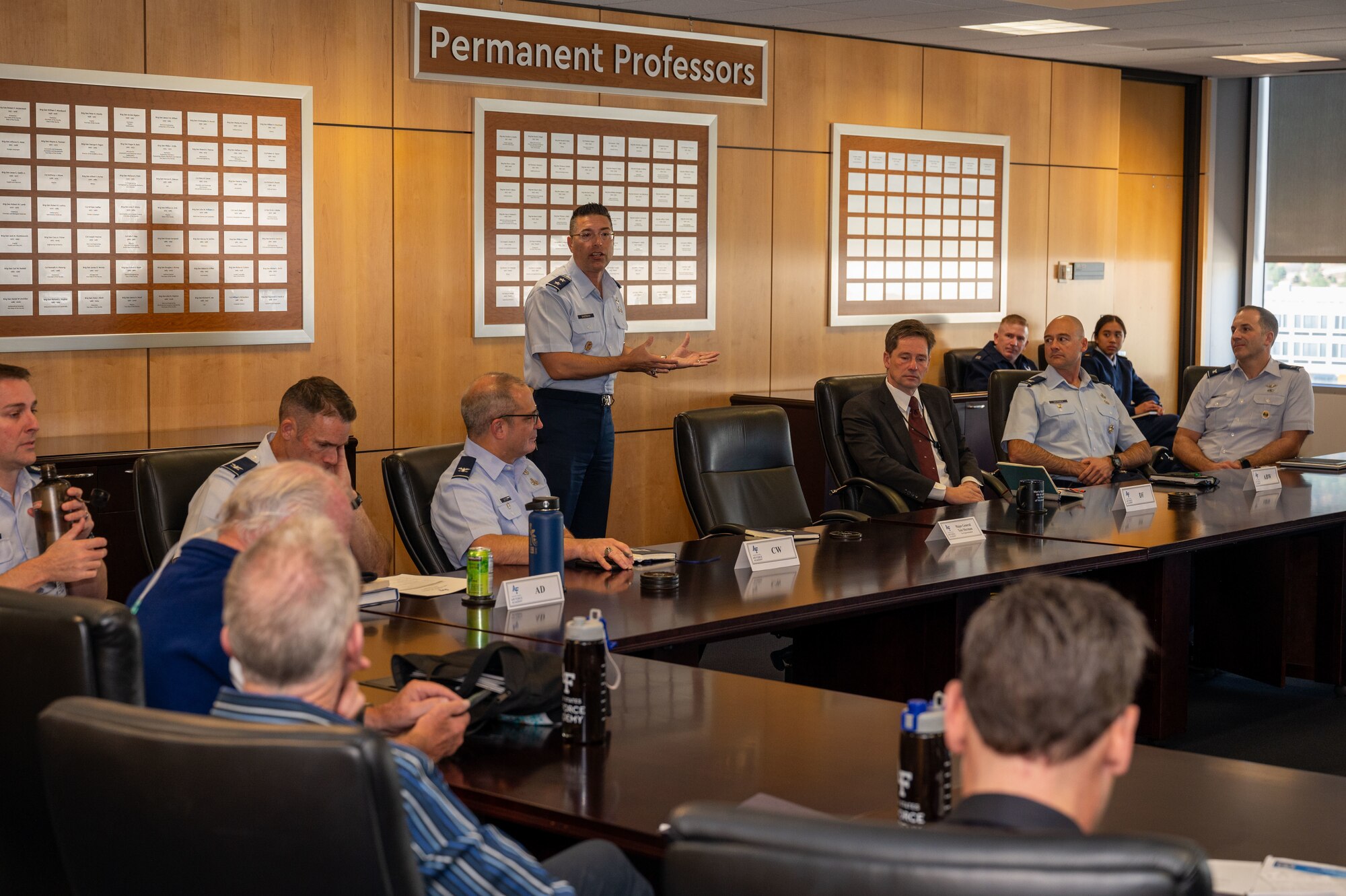 Major General Thomas Sherman, U.S. Air Force Academy vice superintendent, stands to address Department of the Air Force civic leaders prior to a mission briefing during a tour at the U.S. Air Force Academy, Colorado, October 23, 2024.