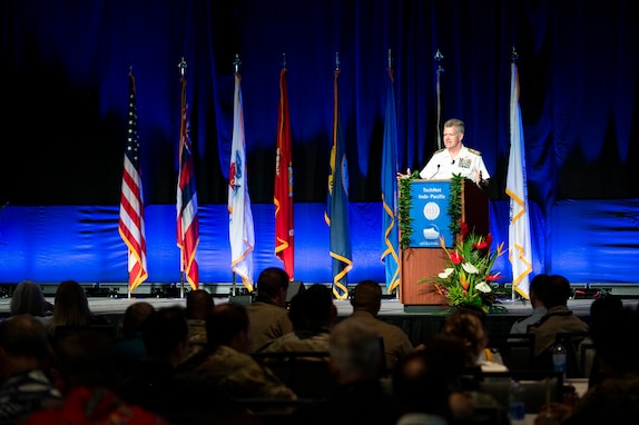 Adm. Samuel J. Paparo, commander of U.S. Indo-Pacific Command, speaks at AFCEA’s TechNet Indo-Pacific in Honolulu, Oct. 24, 2024.