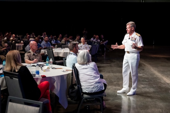 Adm. Samuel J. Paparo, commander of U.S. Indo-Pacific Command, speaks at AFCEA’s TechNet Indo-Pacific in Honolulu, Oct. 24, 2024.