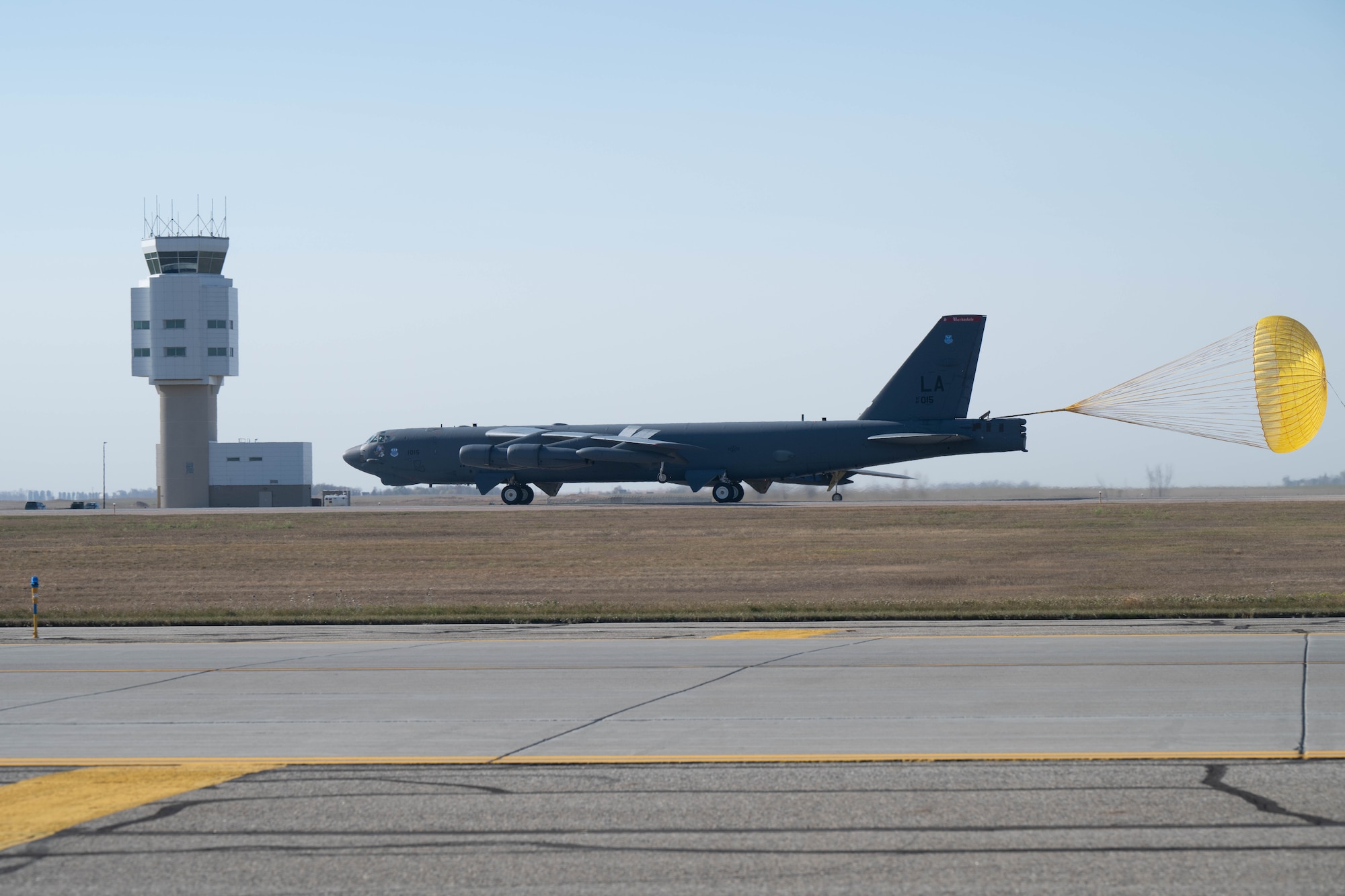 A B-52H Stratofortress assigned to the 96th Bomb Squadron from Barksdale Air Force Base, Louisiana, lands to participate in Exercise Global Thunder 25 (GT25) at Minot Air Force Base, North Dakota, Oct. 16, 2024. GT25 provides training opportunities for components, units and task forces to deter, and if necessary defeat, a military attack against the United States and to employ forces as directed by the President. (U.S. Air Force photo by Airman 1st Class Wesley Davies)