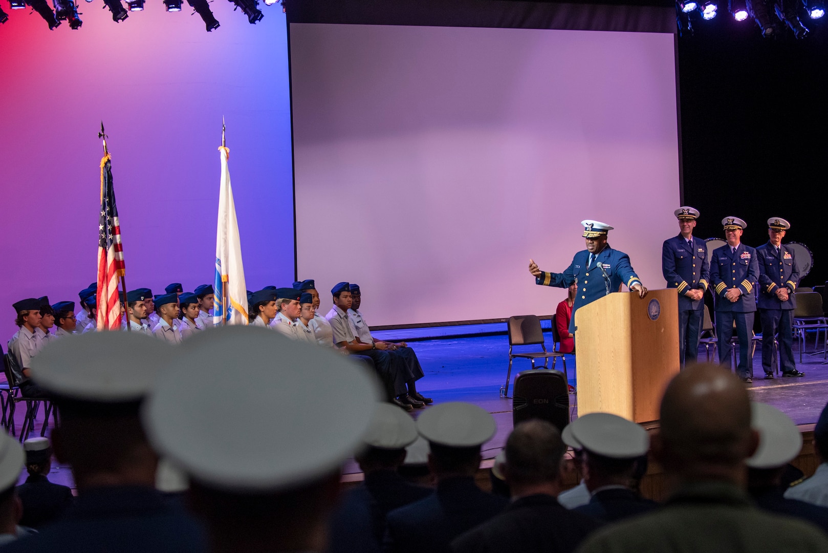 Cadets stand in formation during the commissioning ceremony of the Coast Guard JROTC unit at Barnstable High School. The program aims to instill values of citizenship, personal responsibility, and service in students. (U.S. Coast Guard photo by Chief Petty Officer Richard Brahm)