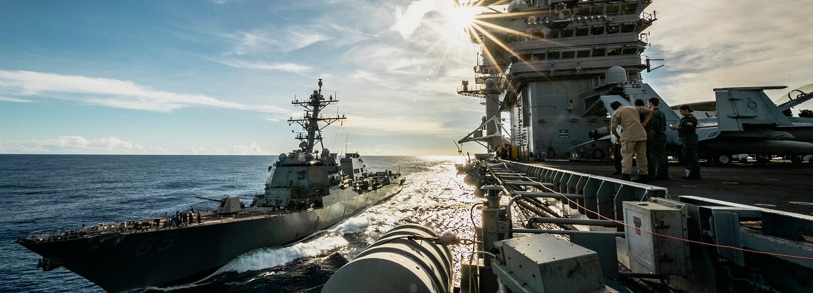 Arleigh Burke-class guided-missile destroyer USS McCampbell (DDG 85) positions alongside Nimitz-class aircraft carrier USS George Washington (CVN 73) during a fueling-at-sea in the Pacific Ocean, Oct. 24, 2024.