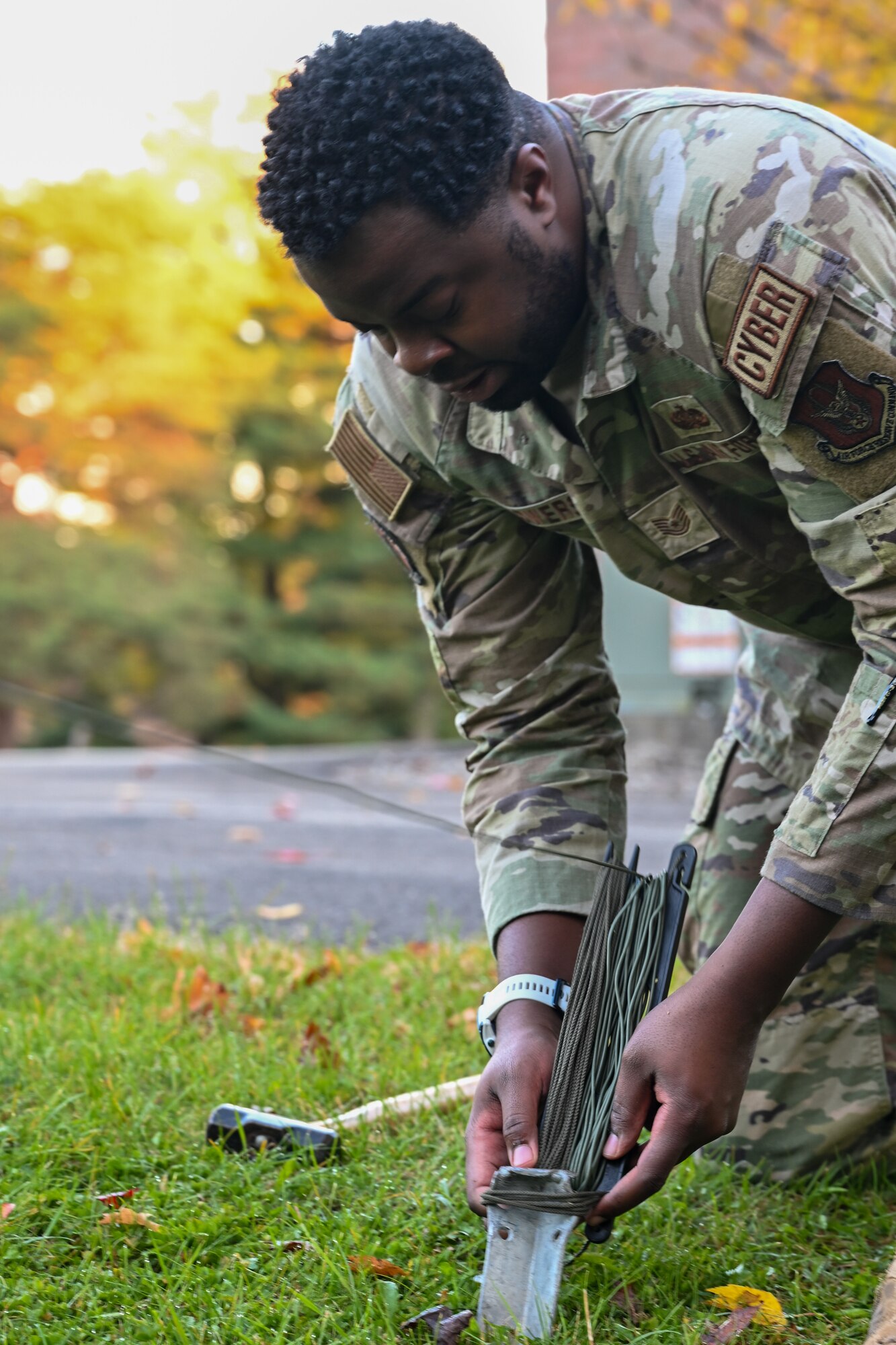 Tech. Sgt. Malik Flowers, RF transmission operations supervisor assigned to the 910th Communications Squadron, adjusts a high-frequency radio system antenna during Exercise Noble Skywave at Youngstown Air Reserve Station, Ohio, Oct. 25, 2024.
