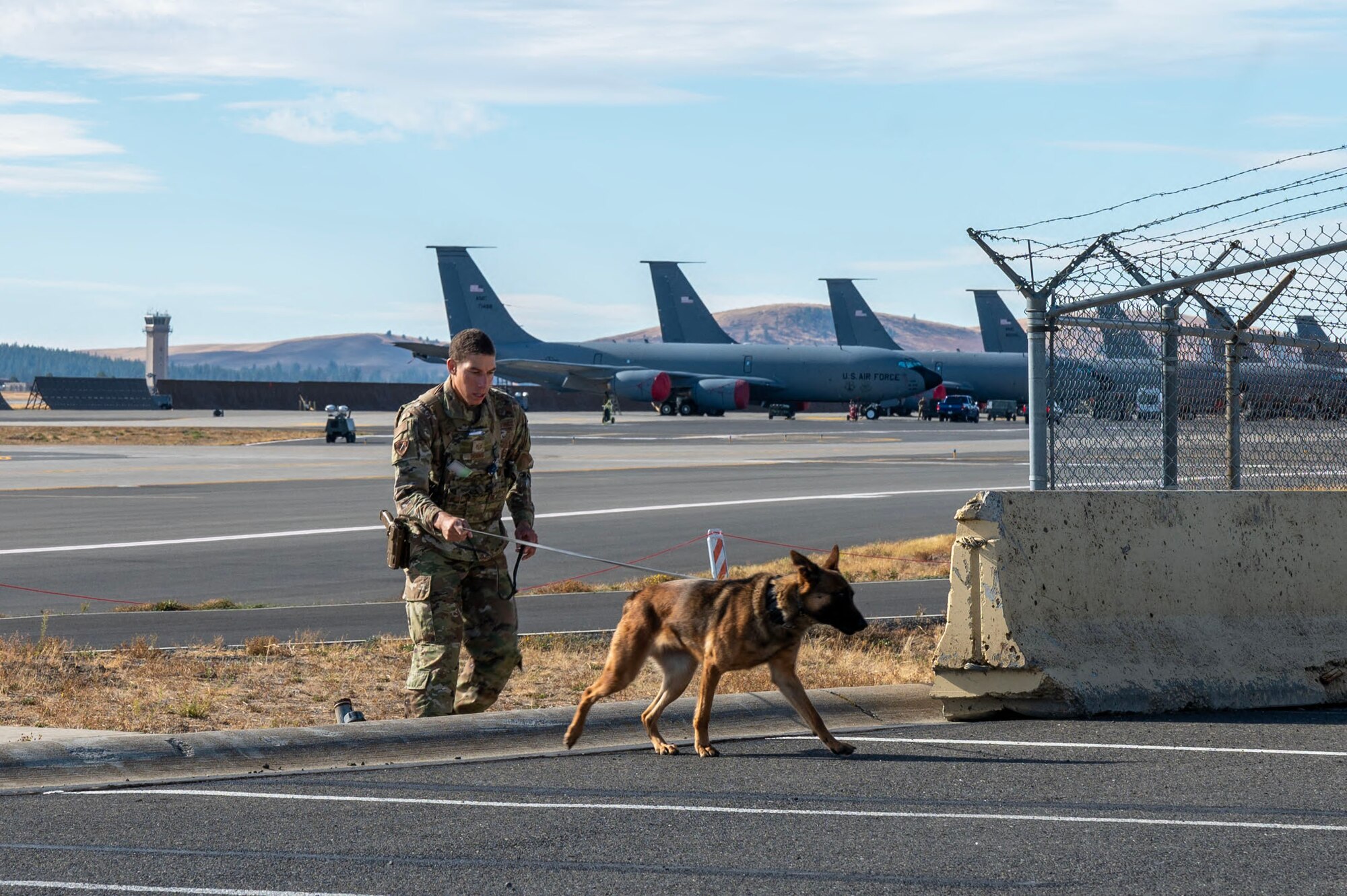U.S. Air Force Staff Sgt. Damien Dennis, a military working dog handler and his MWD, Ggumula assigned to the 92nd Security Forces Squadron, conduct a sweep of the flightline during exercise Mobility Response 25 in support of U.S. Strategic Command exercise Global Thunder 25 at Fairchild Air Force Base, Washington, Oct. 20, 2024. Dennis and Ggumula checked the area for potential explosive devices to ensure the safety and readiness of the flightline. Mobility Response is an opportunity for Mobility Air Force to test their ability to respond to and simultaneously support multiple combatant commander’s requirements, such as USSTRATCOM’s reliable strategic deterrence force. (U.S. Air Force photo by Airman 1st Class Samantha Thorn) (This photo has been altered by blurring for operational security.)
